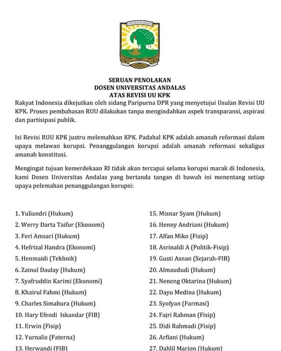Akademisi Unand Menggeliat, Ramai-ramai Tolak Revisi UU KPK