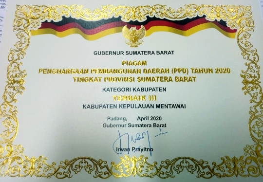 Pembangunan Mentawai Raih Terbaik Ketiga Tingkat Sumbar
