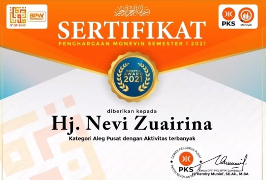 Monev PKS Sumbagut Tetapkan Nevi Zuairina Aleg dengan Aktivitas Terbanyak